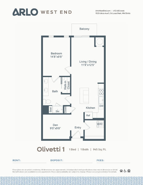 Floor plan for 1 bed, 1 bath, 945 sqft